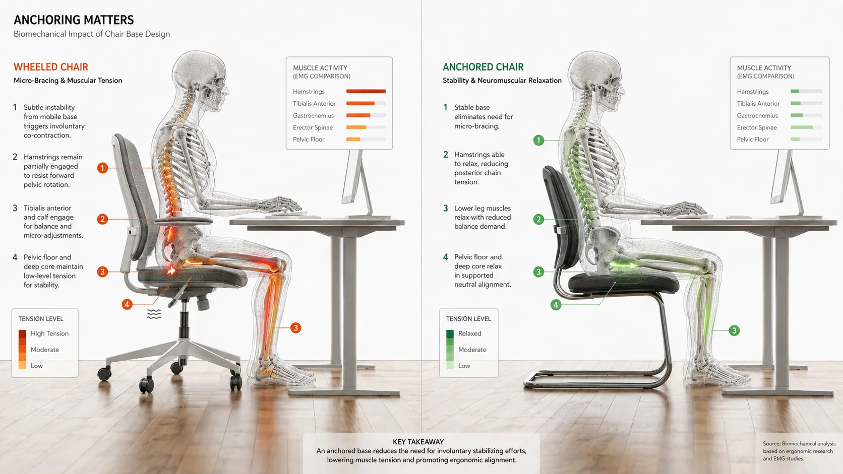 Biomechanical Diagram Comparing Kinetic Core Muscle Activation on Rolling Casters vs Stationary Sled Base Office Seating