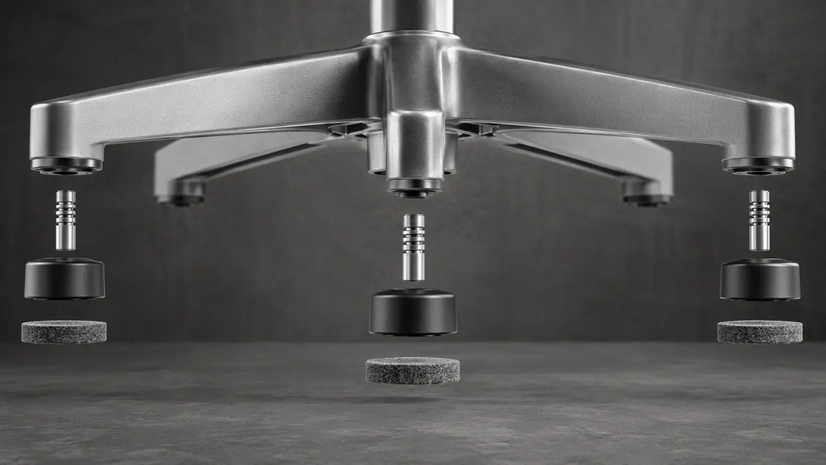 Macro Industrial Product Shot of a Five-Star Aluminum Base Fitted with High-Density Felt-Padded Stationary Bell Glides