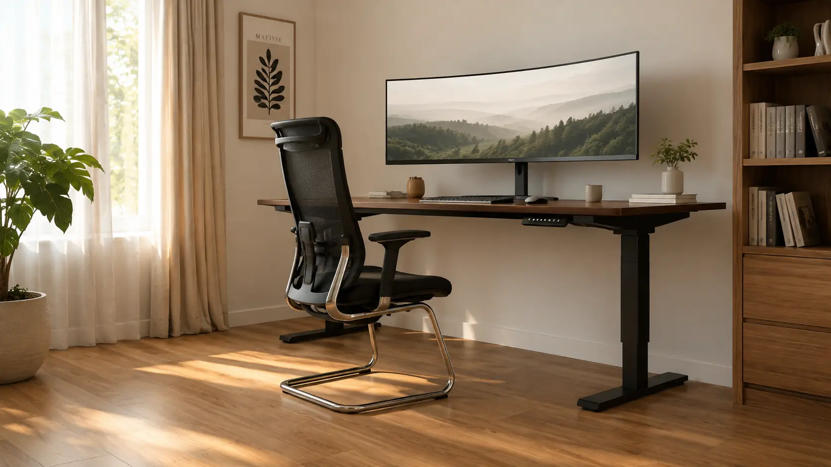 Modern Minimalist Studio Setup Featuring an Ergonomic Mesh Chair No Wheels and a Walnut Motorized Standing Desk on Oak Flooring